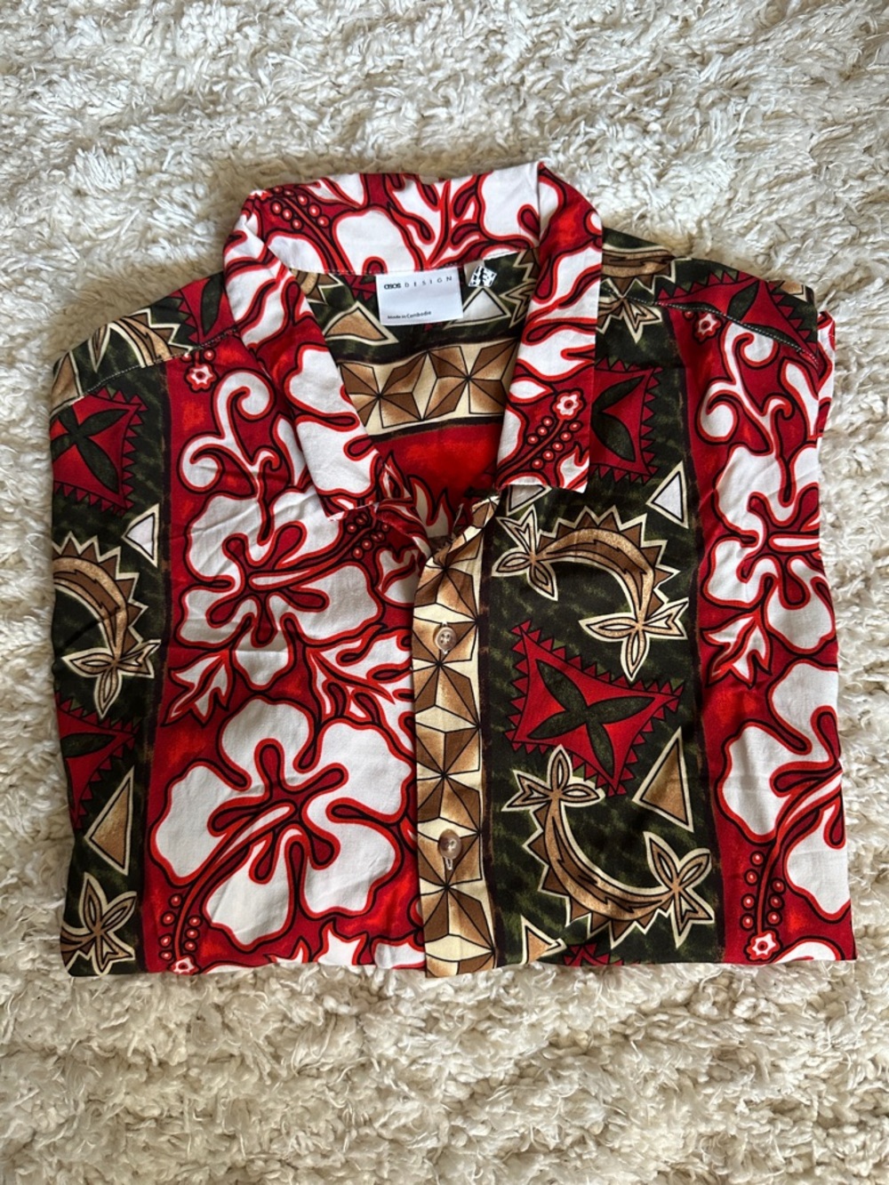 ASOS Red White Olive Brown Patterned Casual Button Down Shirt